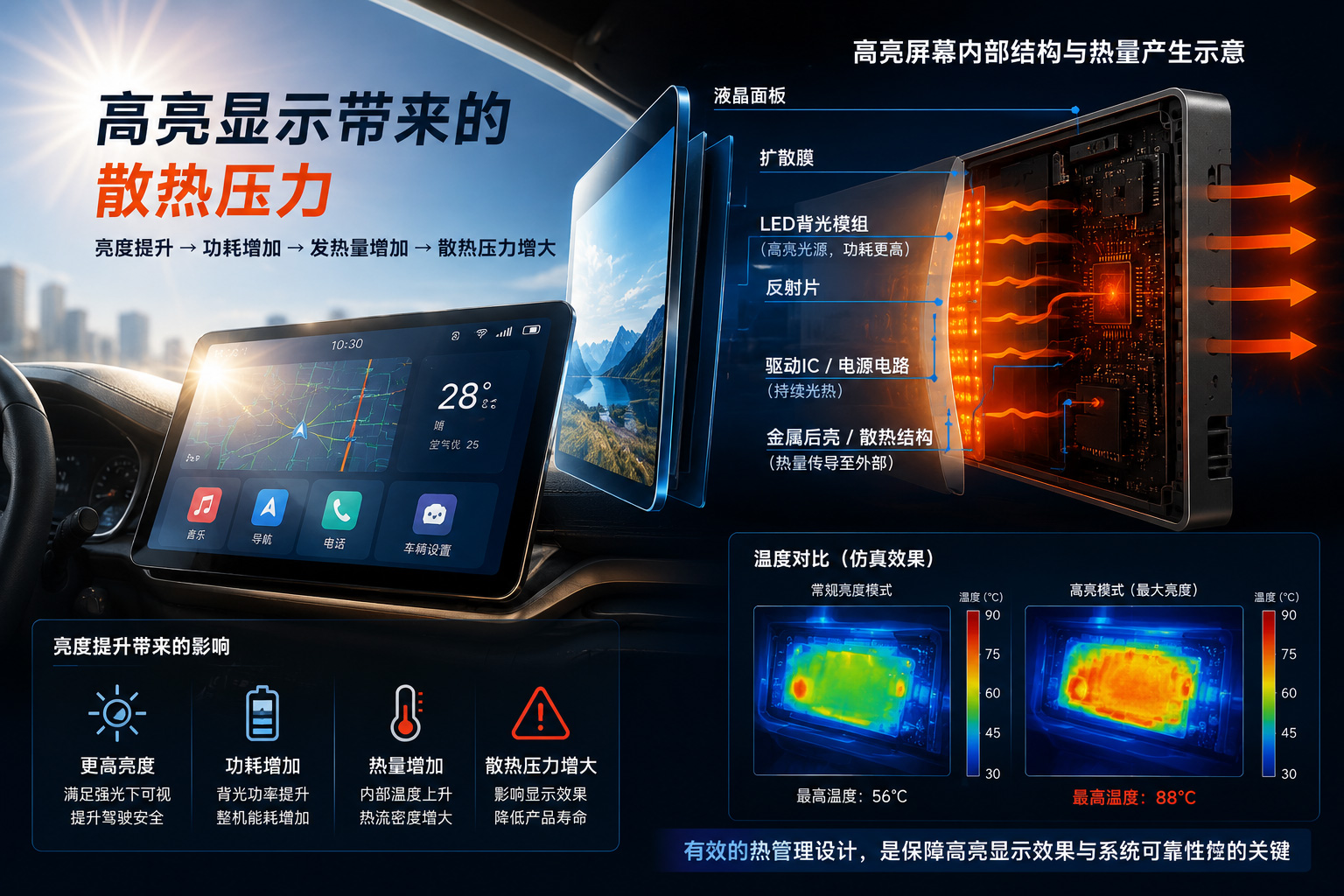 高亮车载显示屏发热示意图